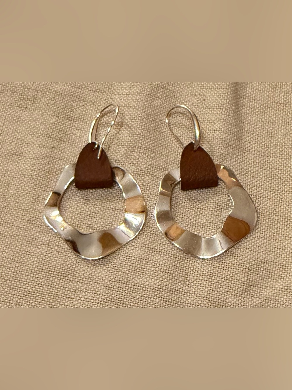 Hammered Silver Hoop Earrings with Brown Leather Accent - Women Jewelry